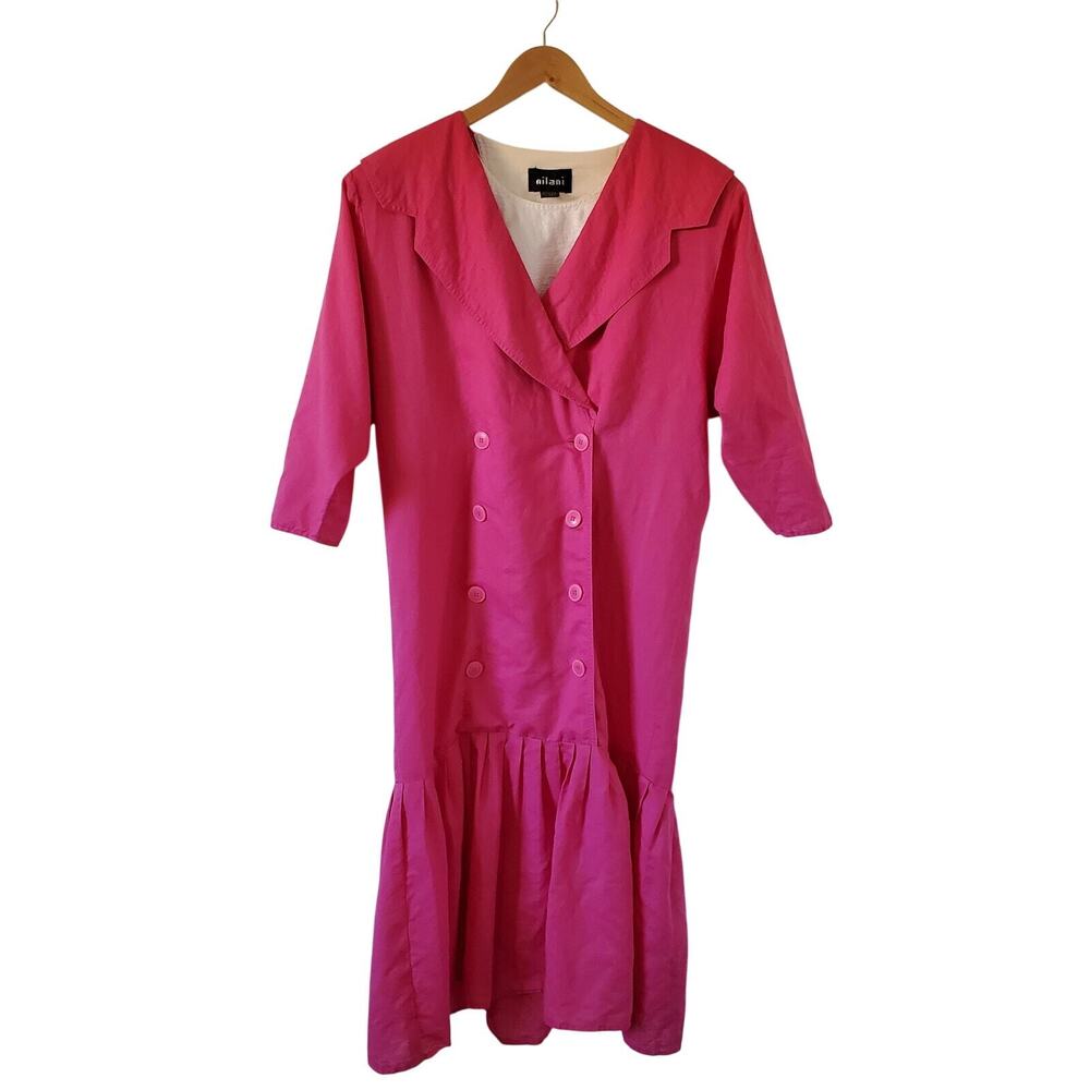 Vintage Nilani Womens 7/8 Dress Drop Waist Pink White 80s Dolman 3/4 Sleeves